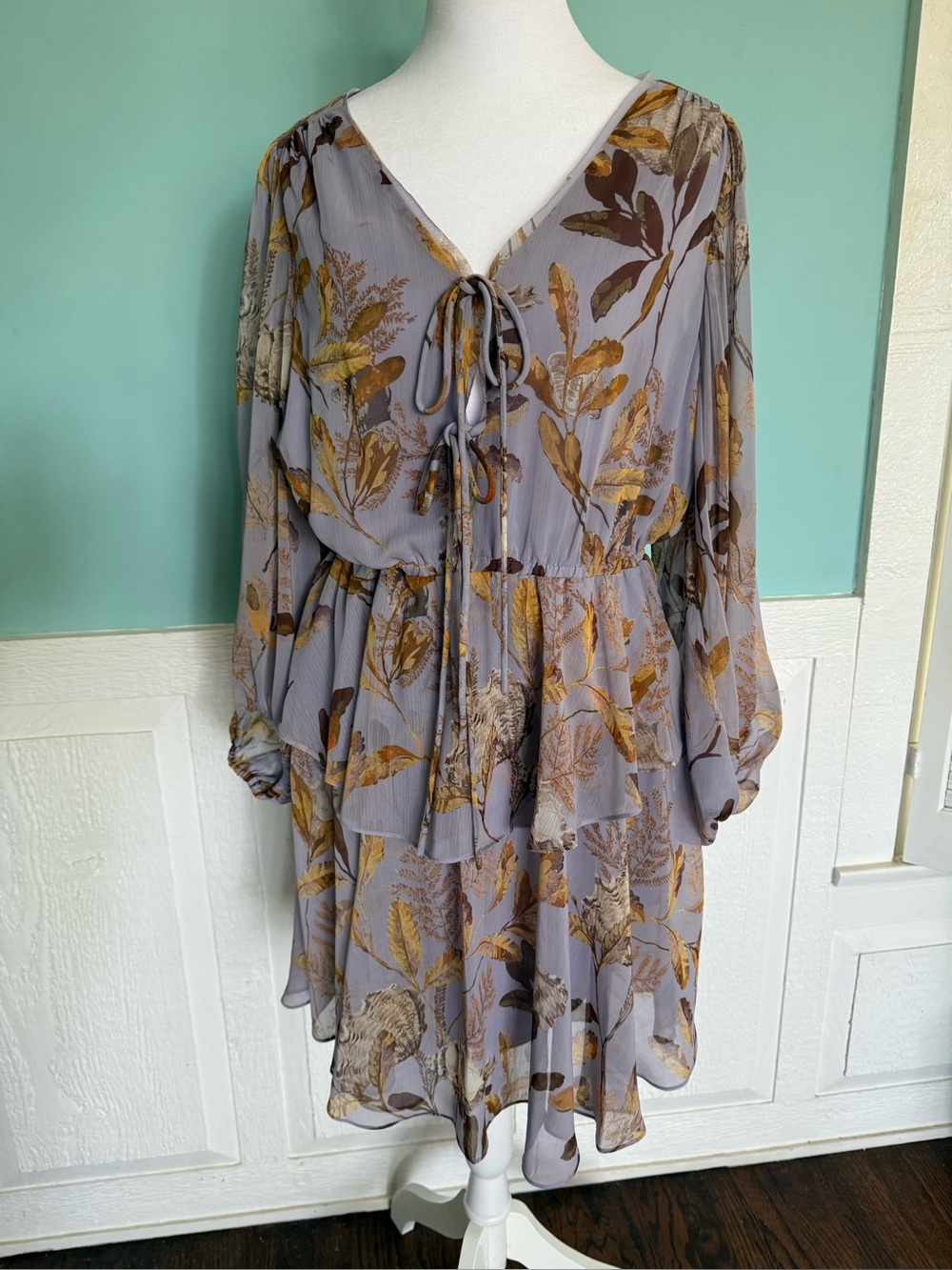 Ted Baker Lavender Blue Botanical Print Long Sleeve Boho Dress